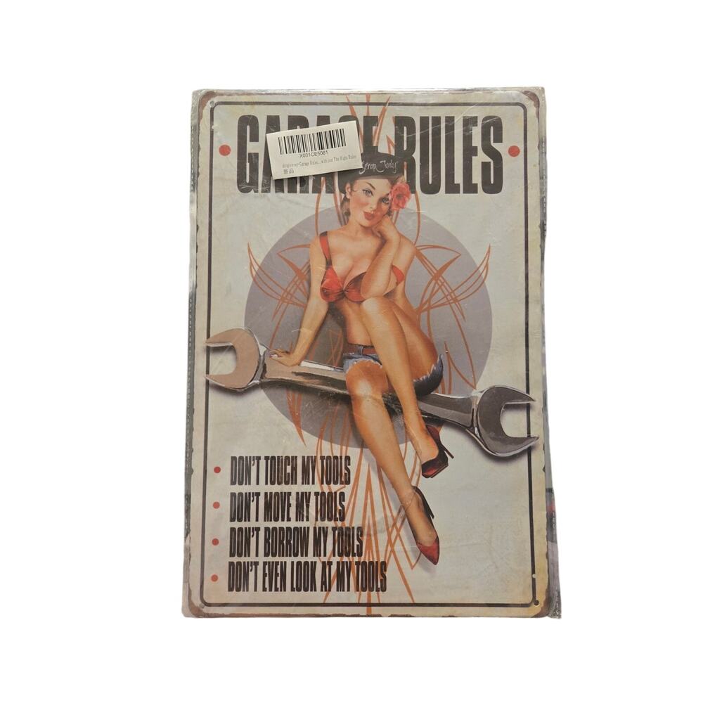 Garage Rules Pin-Up Girl Metal Tin Sign 12x8 Vintage Garage Wall Decor